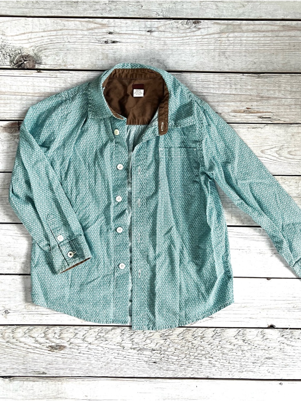 Tea Collection Teal Button-Front Shirt with Brown Collar Trim
